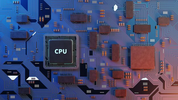 Chip cpu sulla scheda madre rendering 3d