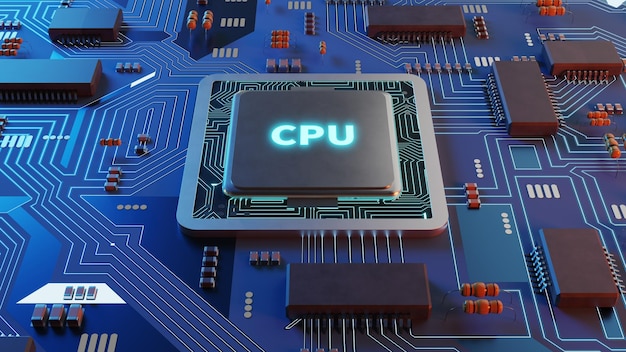 cpu chip on mother board 3d rendering