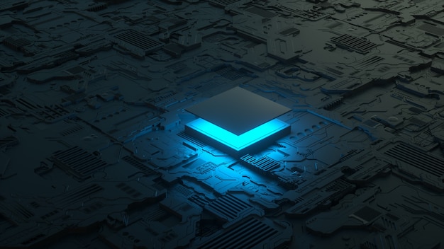 Chip della cpu sulla scheda madre abstract d rendering di un chip del processore con luce blu