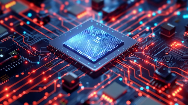 Foto cpu-eenheid voor kunstmatige intelligentie robuust quantum ai-deel met gegevensoverdracht op pcb-moederbord