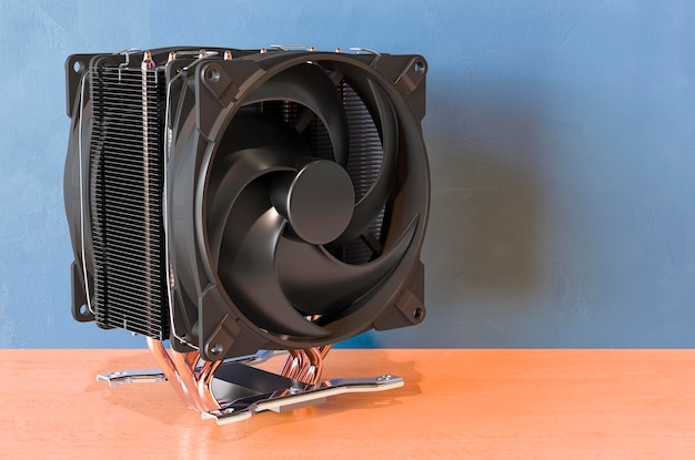 CPU fan on the wooden table 3D rendering