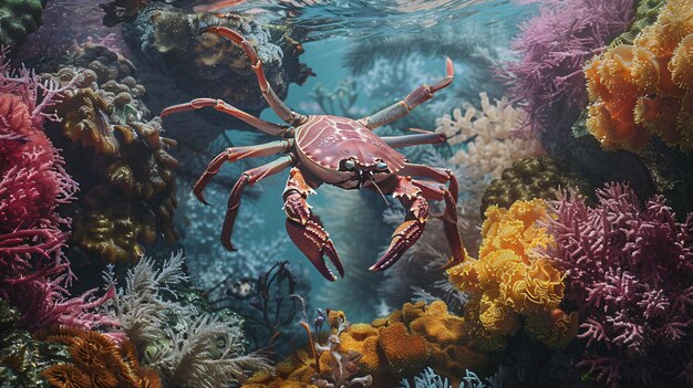 Crab amid vivid coral glides in oceans depths