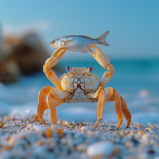 Photo a crab on a beach holding a fish above its head