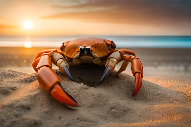 A crab on the beach at sunset