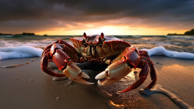 A crab on the beach at sunset