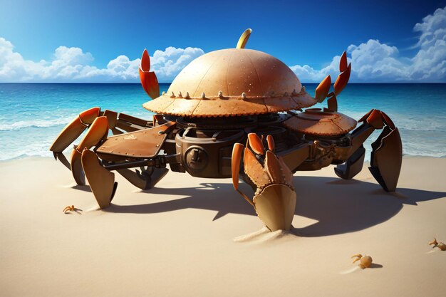 A crab on a beach with the sea in the background