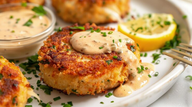 Photo crab cakes crisp and golden with a spicy remoulade sauce