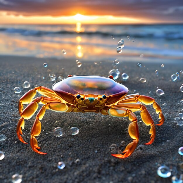 a crab is on the beach and is surrounded by bubbles