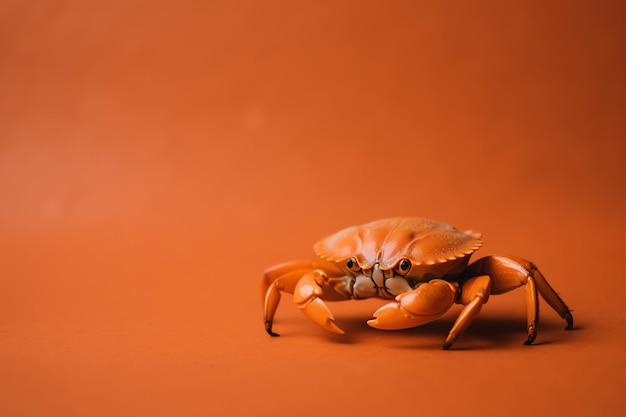 A crab is on a red background with a dark background.