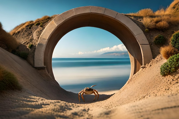 A crab is seen in a tunnel on the beach.