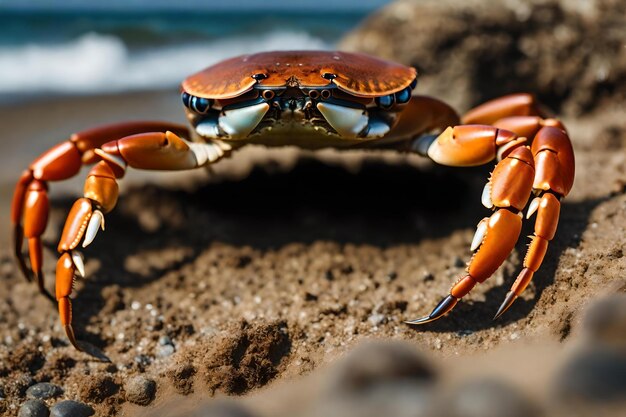 Photo a crab is standing in front of a hole by the sea