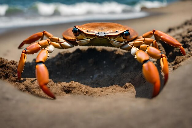 Photo a crab is standing in front of a hole by the sea