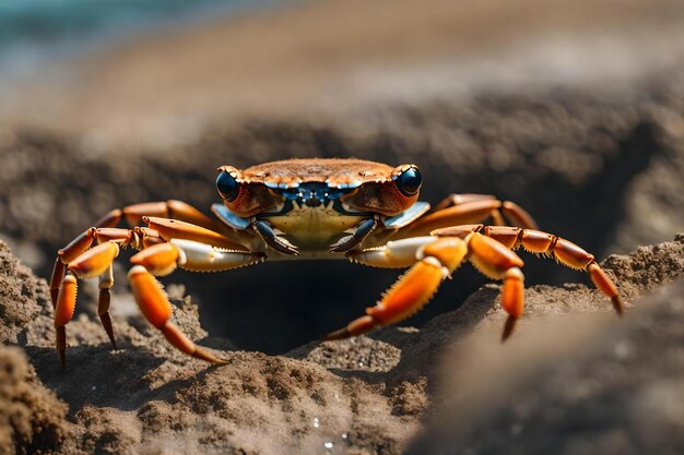 A crab is standing in front of a hole by the sea