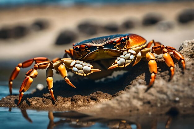 A crab is standing in front of a hole by the sea