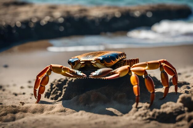 カニが海辺の穴の前に立っています