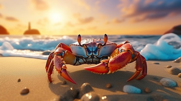 Crab leisurely walks along the beach basking in the sunset Generative Ai