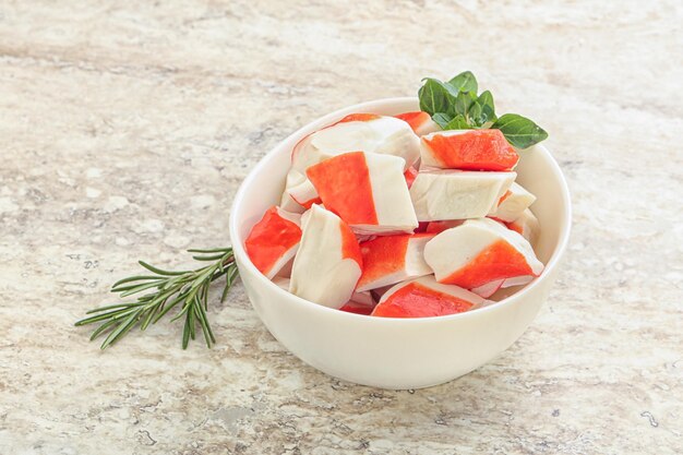 Crab meat surimi in the bowl appetizer