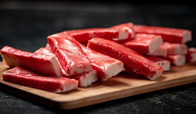 Crab meat on a wooden cutting board