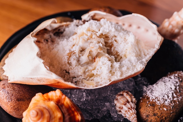 Mix di granchi con fiocco di neve servito in granchio e decorato con pietra di mare e conchiglia