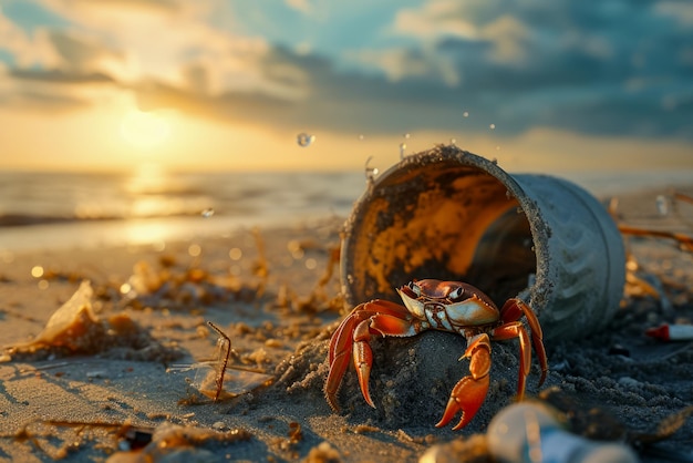 A crab in a plastic cup instead of a shell a littered tropical beach against a magnificent sea