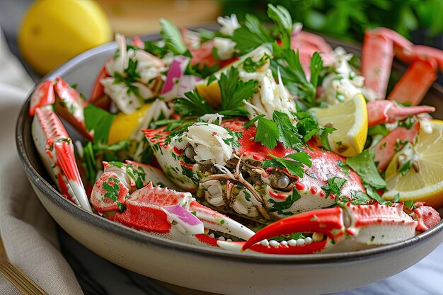 Photo crab on a plate with tomatoes and lemon