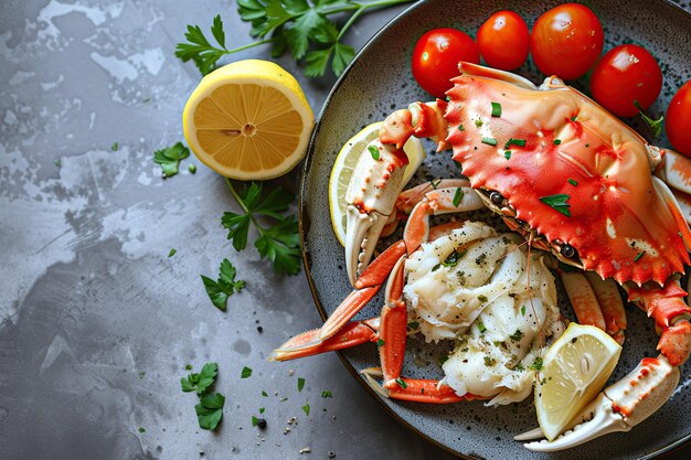 Crab on a plate with tomatoes and lemon