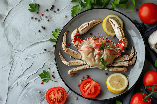 Photo crab on a plate with tomatoes and lemon