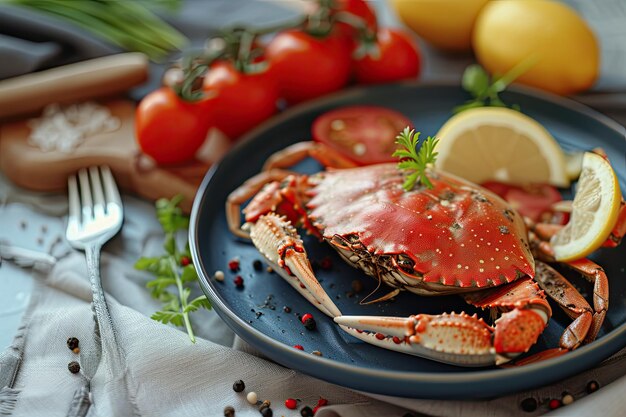 Photo crab on a plate with tomatoes and lemon