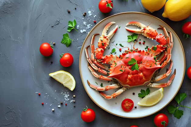 Crab on a plate with tomatoes and lemon