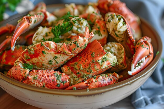 Photo crab on a plate with tomatoes and lemon