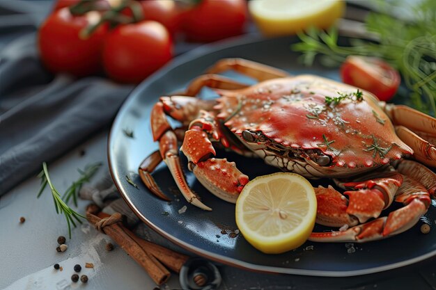 Crab on a plate with tomatoes and lemon