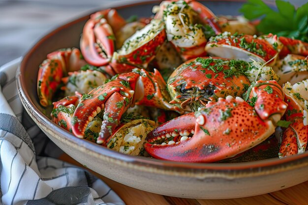 Crab on a plate with tomatoes and lemon