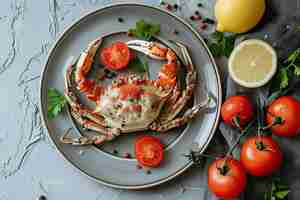 Photo crab on a plate with tomatoes and lemon