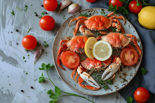 Photo crab on a plate with tomatoes and lemon