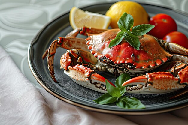 Photo crab on a plate with tomatoes and lemon