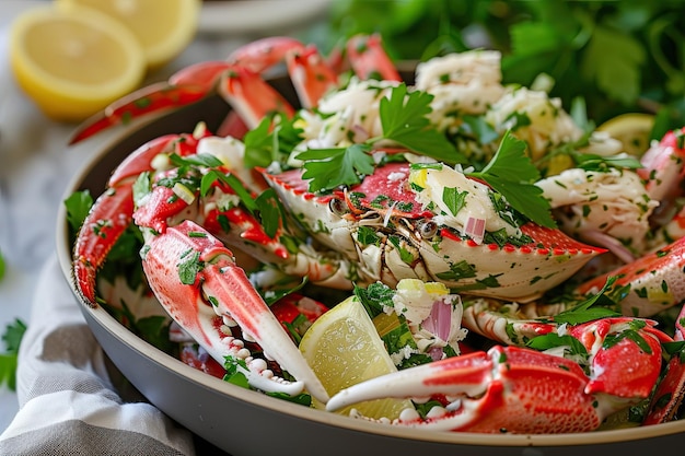 Crab on a plate with tomatoes and lemon