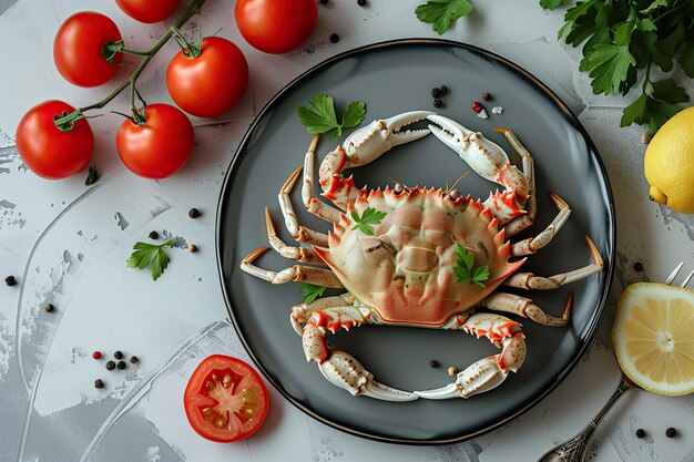 Photo crab on a plate with tomatoes and lemon