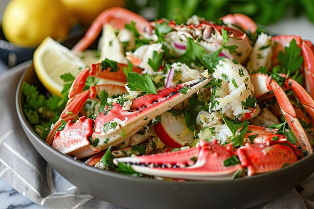Photo crab on a plate with tomatoes and lemon