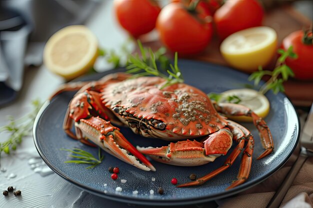 Crab on a plate with tomatoes and lemon