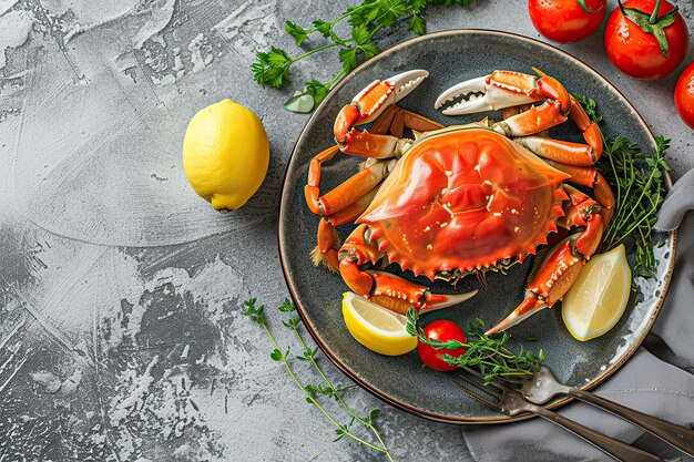 Crab on a plate with tomatoes and lemon