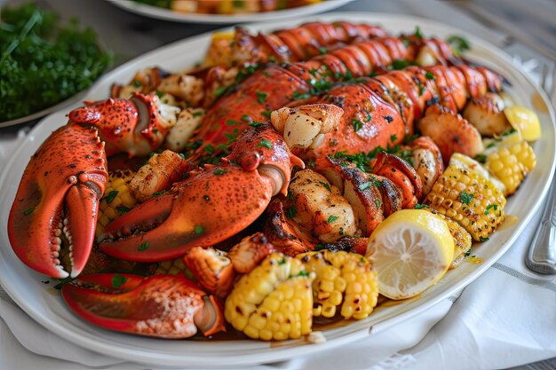 Photo crab on a plate with tomatoes and lemon