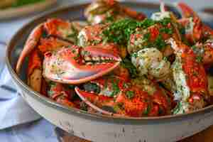 Photo crab on a plate with tomatoes and lemon