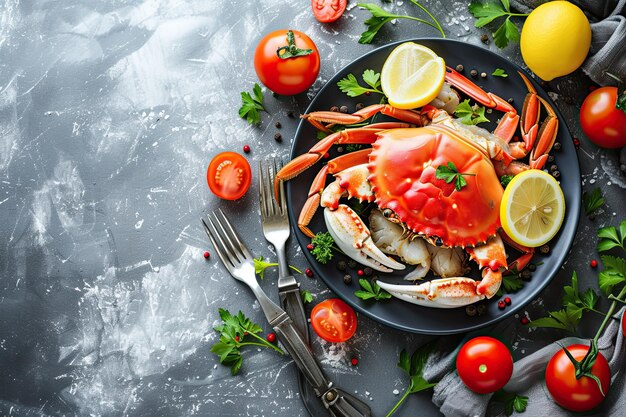 Photo crab on a plate with tomatoes and lemon