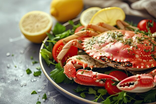 Crab on a plate with tomatoes and lemon