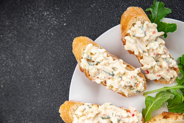 Photo crab rillette salad pate crab stick meal food snack on the table copy space food background rustic