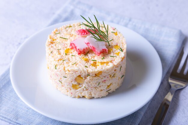 Crab salad with corn and eggs