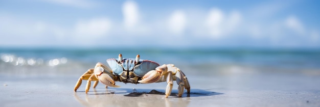 Foto granchio mare marino su mare tropicale e spiaggia sabbiosa sfondo cielo blu ia generativa