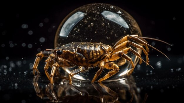 A crab sits on a glass ball.