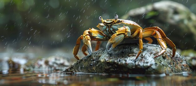 Crab Sitting on Rock in Rain