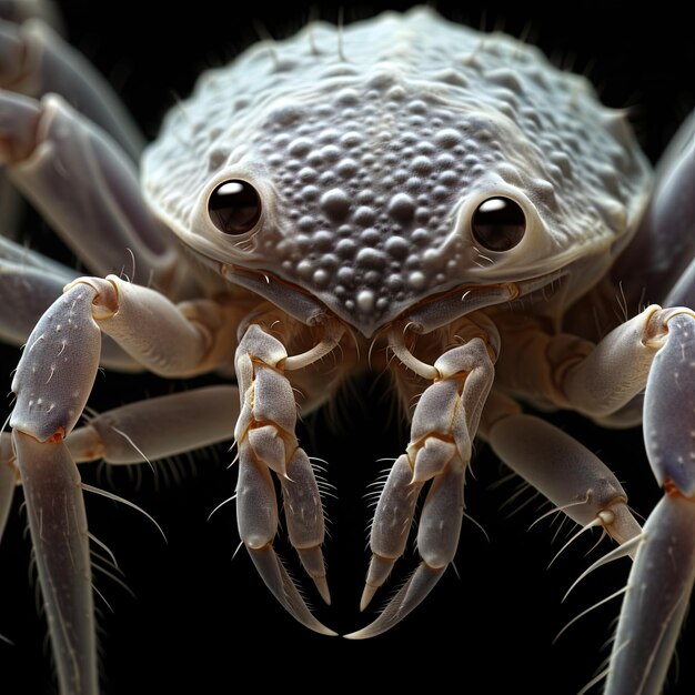 a crab spider with a black background and a white starfish on its head